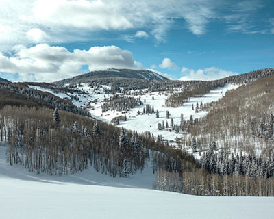Snow-covered slopes of McCoy Park in Beaver Creek, CO