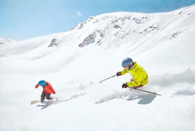 Friends skiing Lake chutes on Peak 8 at Breckenridge