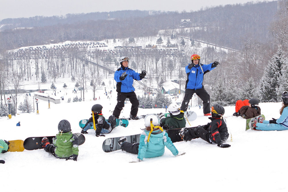 Snowboard Instructors Give Group Lesson on Fanny Hill at Roundtop