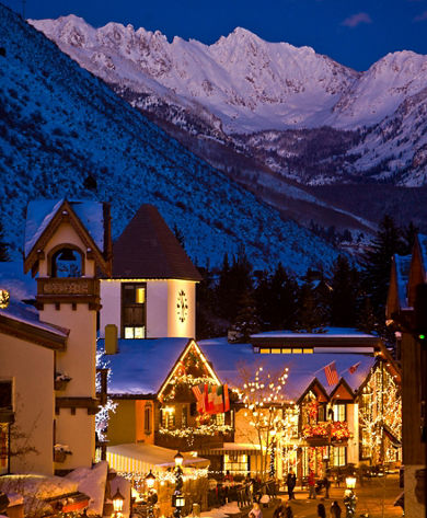 Village Under Gore Range Mountains In Vail, CO.