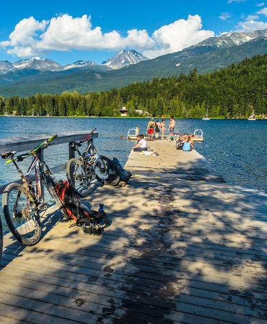 Lakeside dock, biking and swimming at Rainbow Park in Whistler