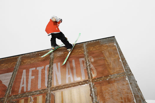 Skier Riding Wall Ride In LZ Terrain Park In Afton Alps, MN