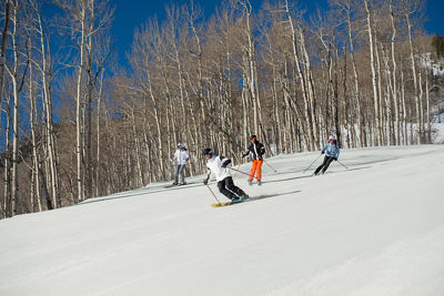 Friends Ski Groomed Runs at First Tracks in Beaver Creek, CO.