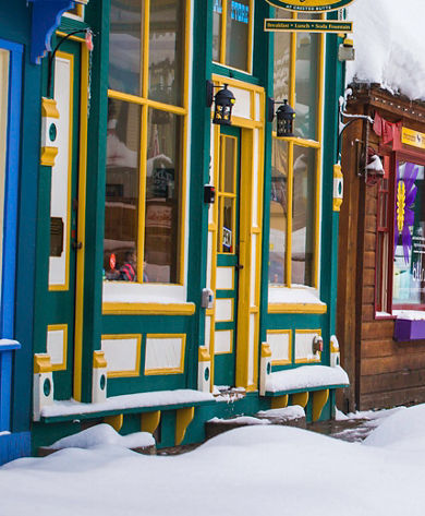 Storefronts covered in fresh powder at Crested Butte, CO.