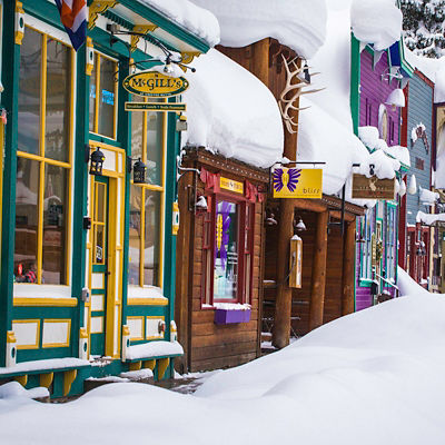 Storefronts covered in fresh powder at Crested Butte, CO.