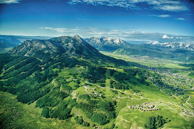 Aerial view of the town and mountain in Crested Butte, CO.