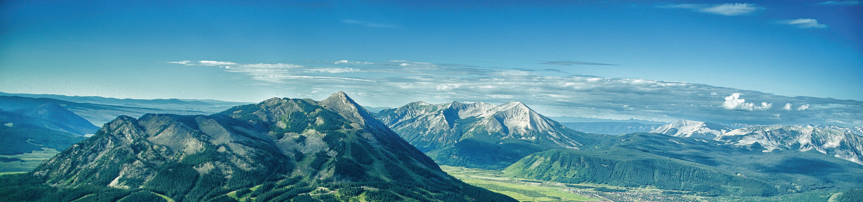 Aerial view of the town and mountain in Crested Butte, CO.