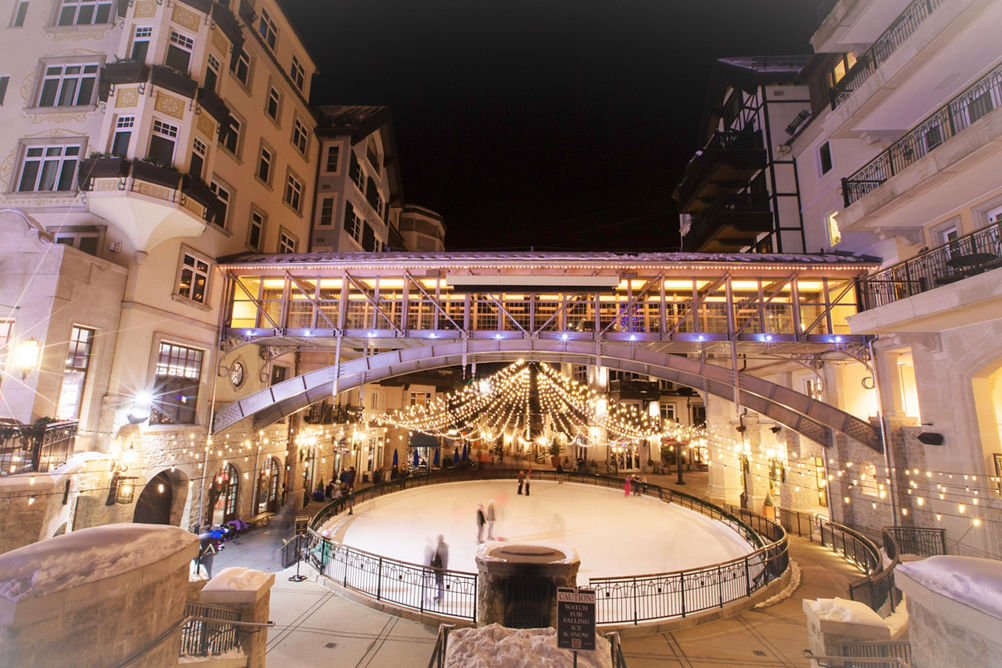 Arrabelle Plaza ice rink in the evening in Vail, CO.