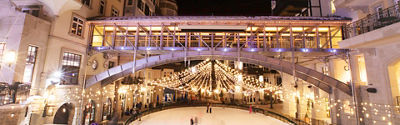 Arrabelle Plaza ice rink in the evening in Vail, CO.