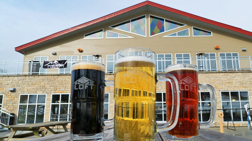 Draft Beers in Mugs on Patio at Mad River Mountain Lodge