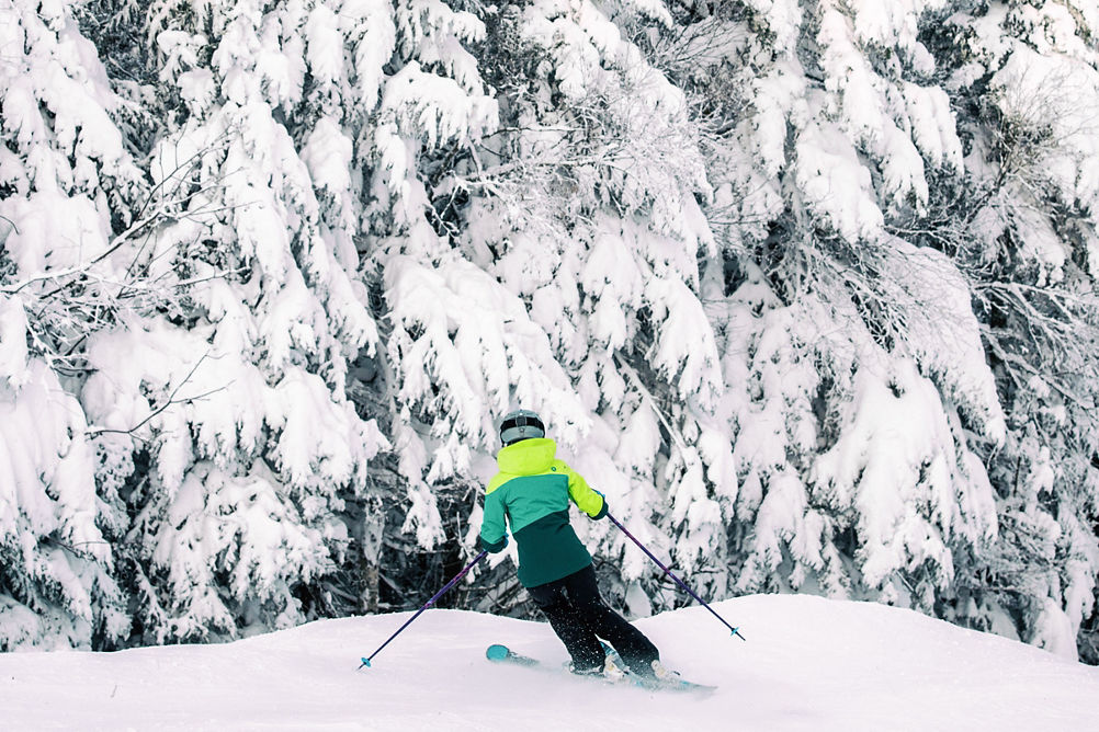 Skier Makes Turn on Snowy Day at Mount Snow