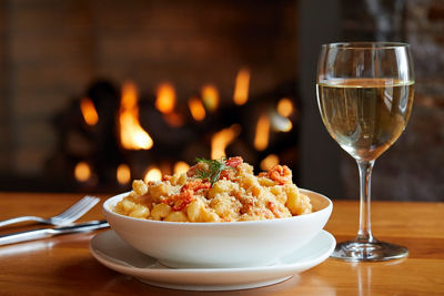 Mac and Cheese and a Glass of Wine at Toboggan