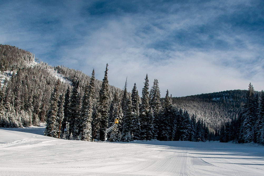 Groomed trail with a view of the Gore Range in Beaver Creek, CO.