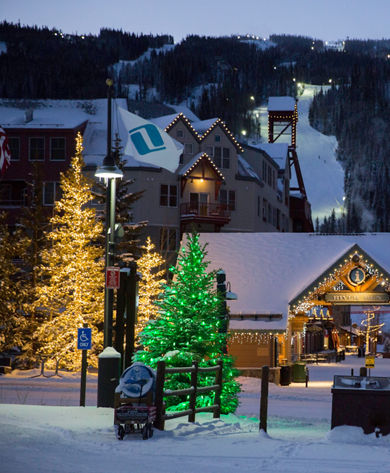 River Run Village at nighttime during the holiday season in Keystone, CO.