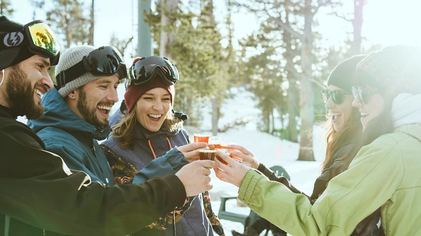 Young and independents take a break for a mid mountain drink in Heavenly, CA.