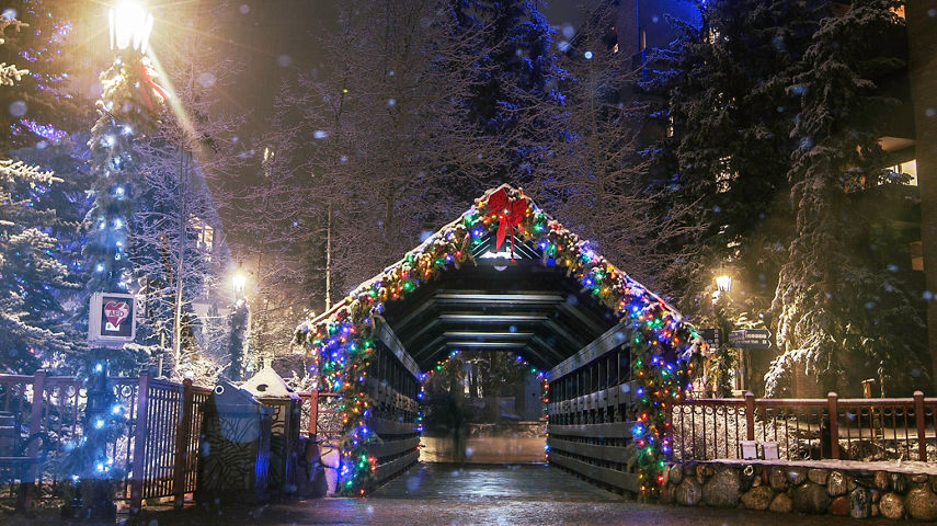 Fresh falling snow in the village in Vail, CO.
