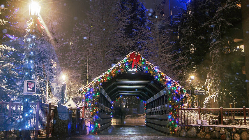 Fresh falling snow in the village in Vail, CO.