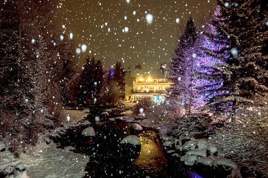 Fresh falling snow in the village in Vail, CO.
