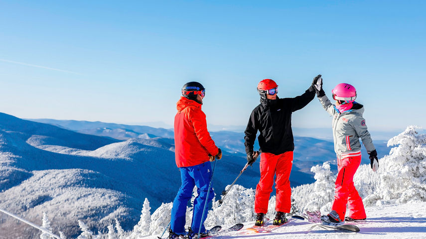 Never nesters ski and snowboard together in Stowe, VT.