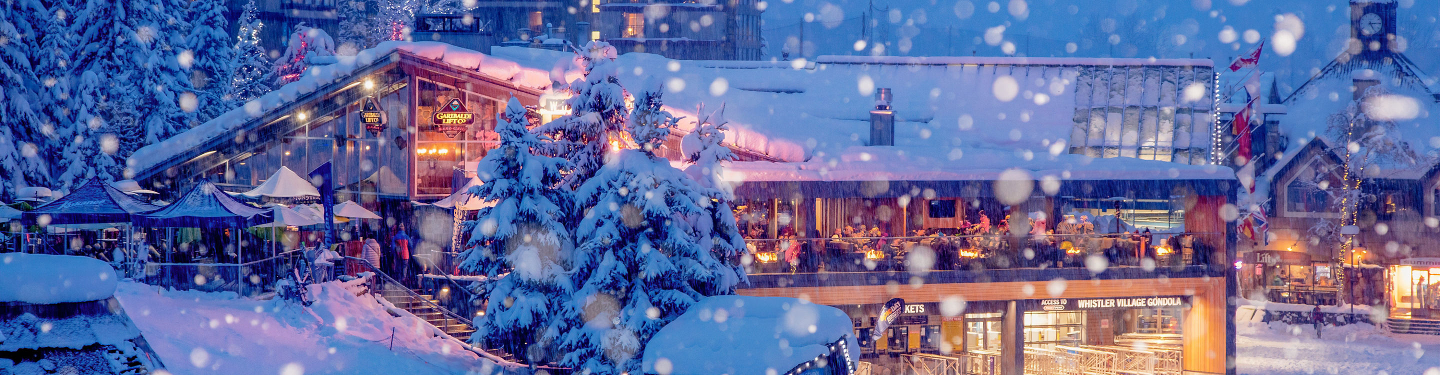 Garibaldi Lift Co under snowfall at night