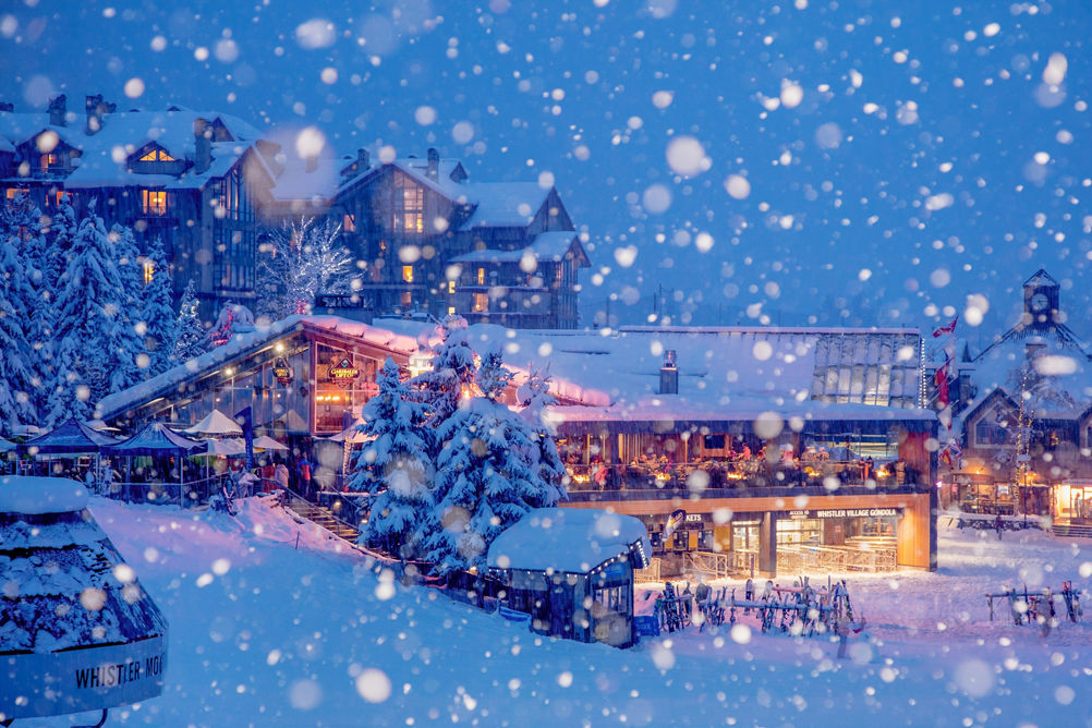 Garibaldi Lift Co under snowfall at night