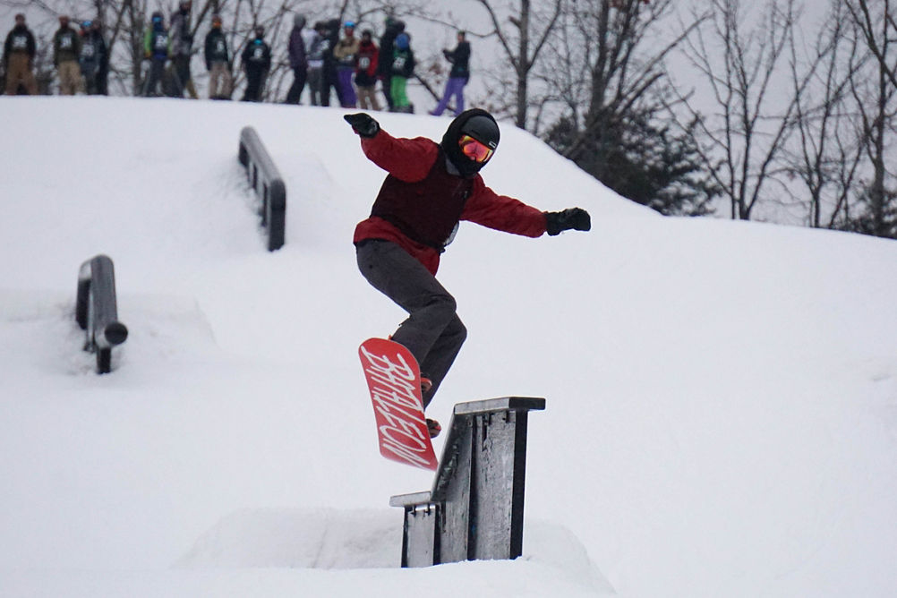 Snowboard Hits Rail at Terrain Park at Hidden Valley