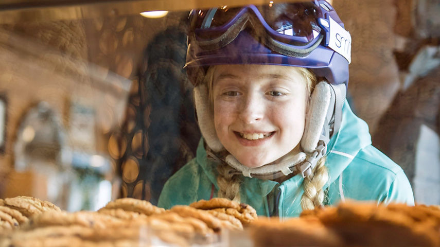 Family goes to Cookie Cabin during ski school in Beaver Creek, CO.