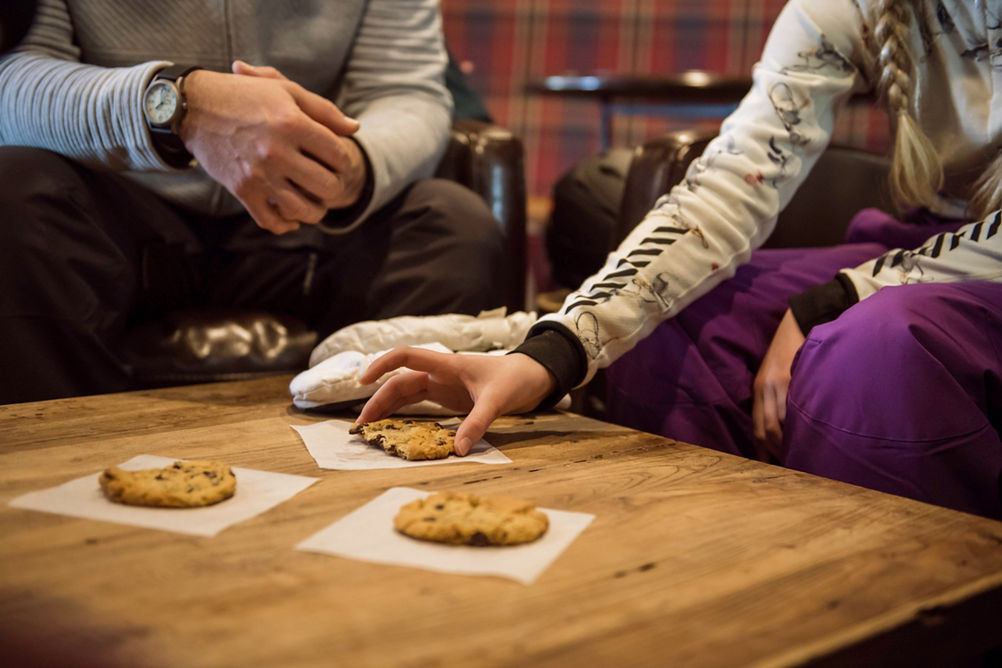 Family goes to Cookie Cabin during ski school in Beaver Creek, CO.