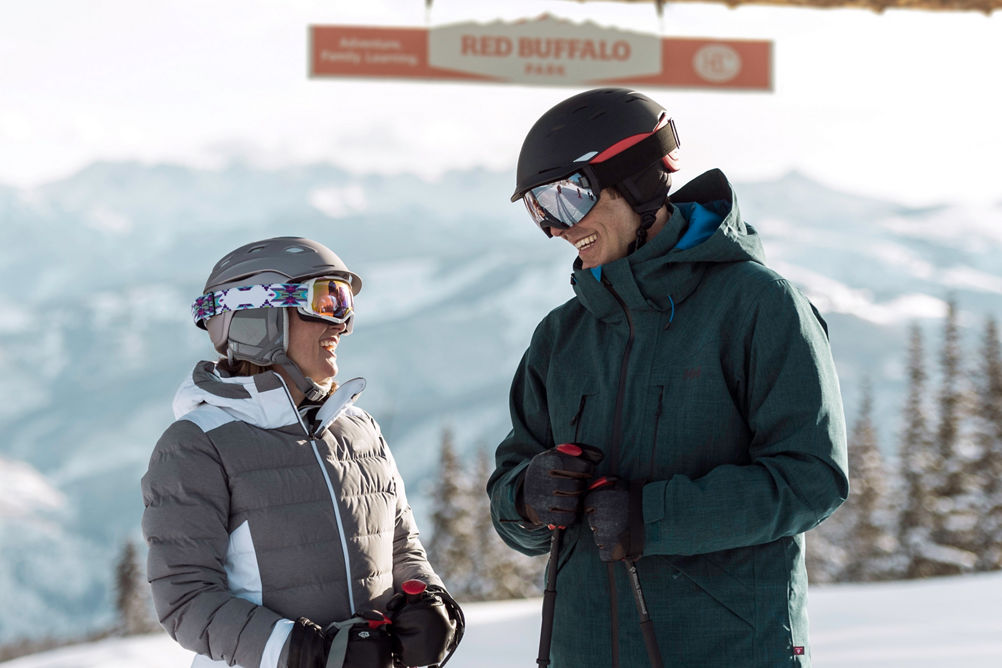 Family skis in Red Buffalo Park adventure zone in Beaver Creek, CO.