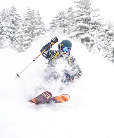 Skier enjoys deep powder in Kirkwood, CA.