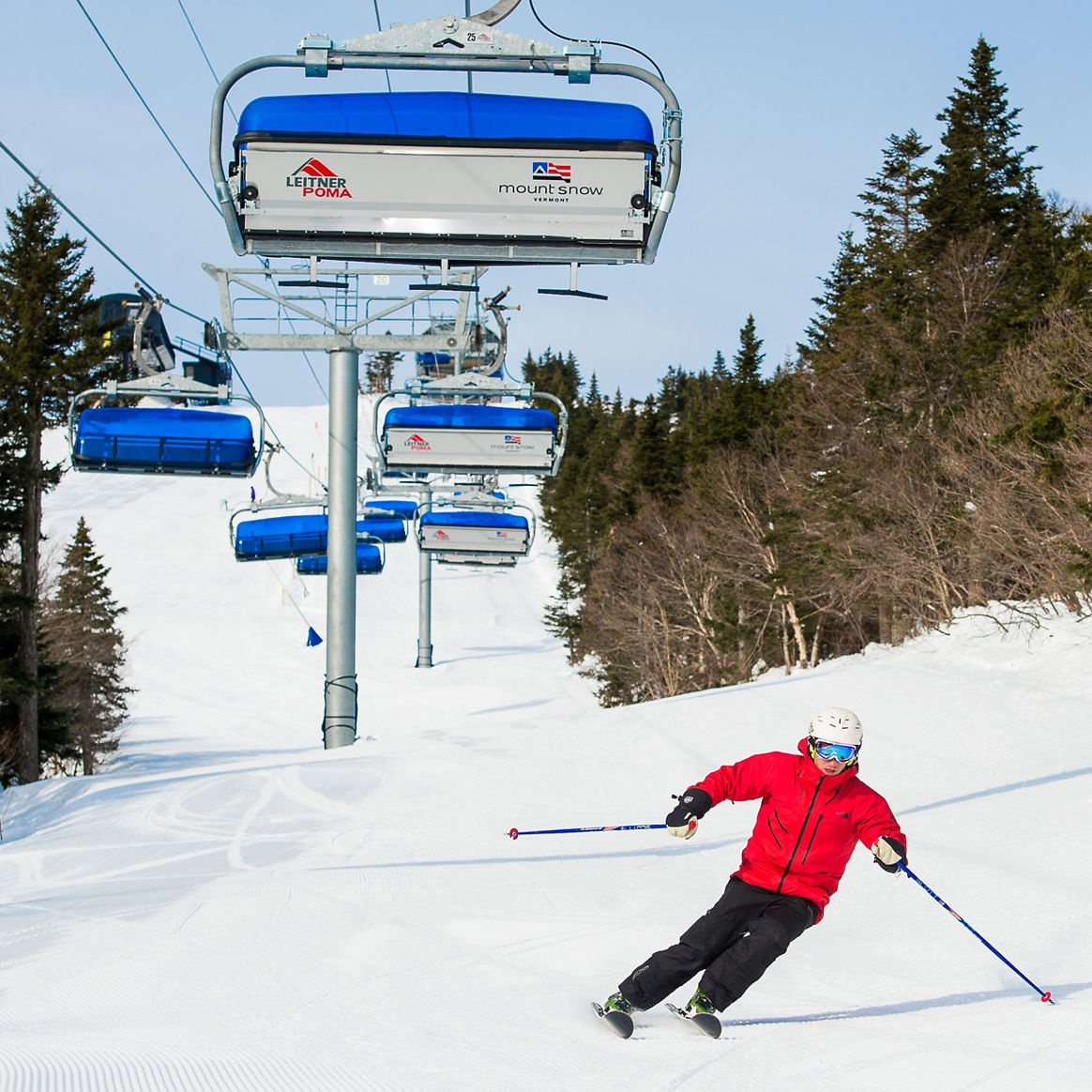 Skier Makes Turns Under the Chairlift at Mount Snow