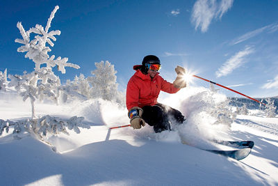 Skier turns in fresh powder in Vail, CO.