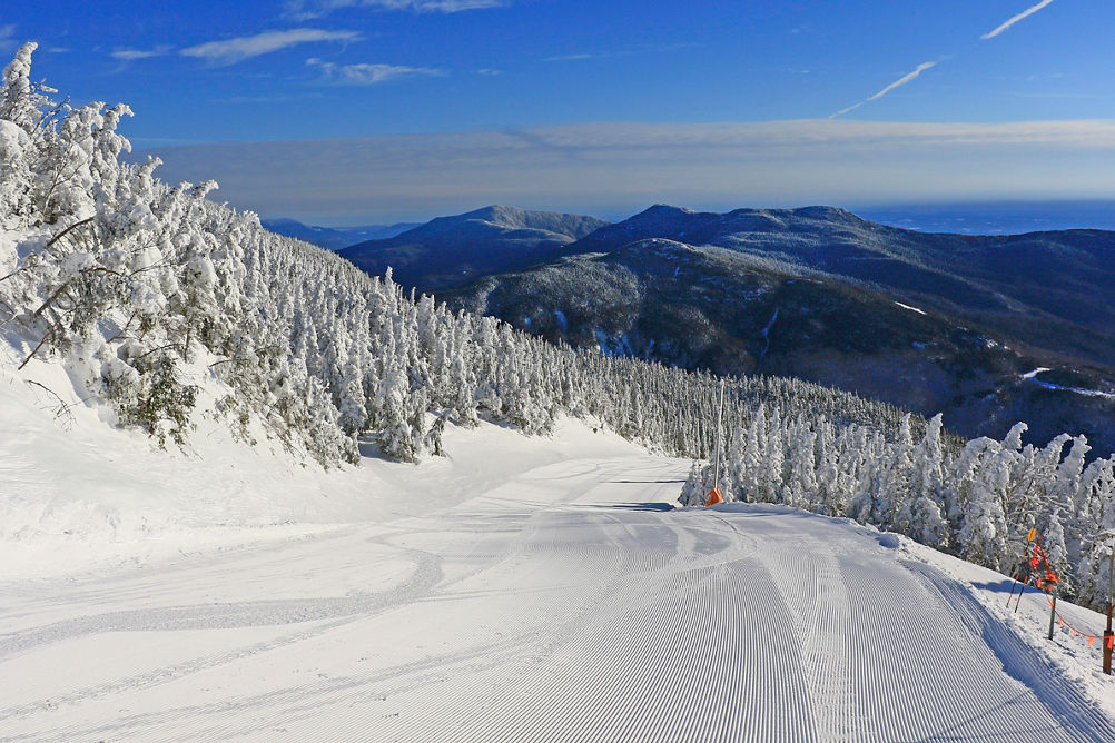 First tracks on groomed corduroy trail in Stowe, VT.