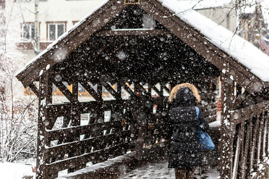 Snowy day in Vail Village in Vail, CO.