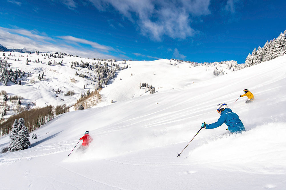Skiing in the Back Bowls in Vail, CO.