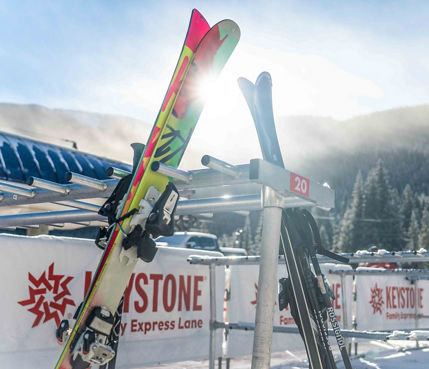 Ski equipment rests at the base of River Run Gondola in Keystone, CO.