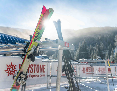 Ski equipment rests at the base of River Run Gondola in Keystone, CO.