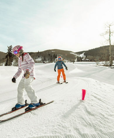 Family Ski School lesson at Haymeadow Park in Beaver Creek, CO.