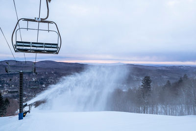 Snow Gun Makes Snow at Sunrise at Mount Snow