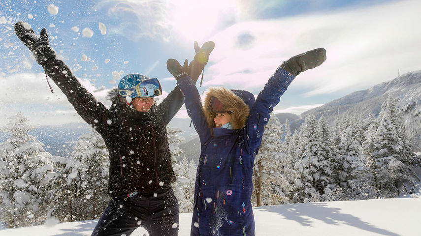 Mother and daughter have a ski day with new snow in Stowe, VT.