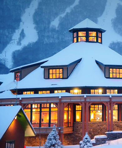 The Great Room Lodge at Spruce Peak at Dusk 