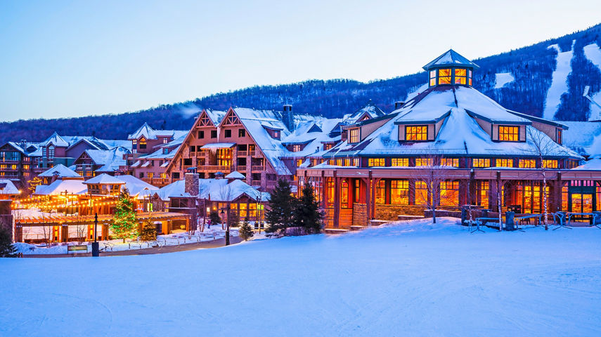 Spruce Peak Village at Dusk at Stowe Mountain