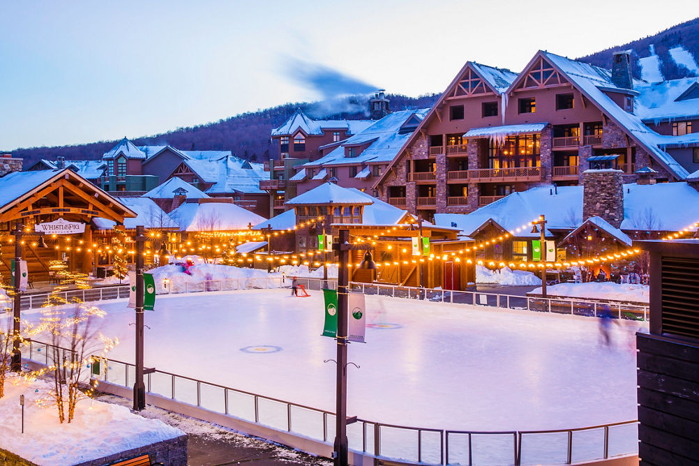Spruce Peak Village at Dusk at Stowe Mountain