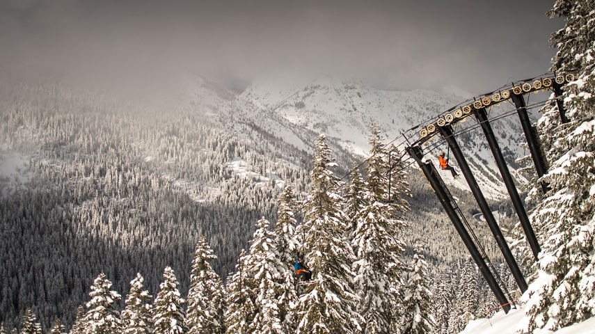 Skier Riding up Kehr's Chair at Stevens Pass