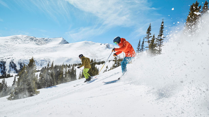 Friends skiing 6 chair chutes in powder at Breckenridge