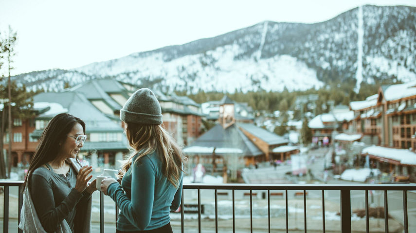 Friends drinking coffee at Zalanta Resort, South Lake Tahoe