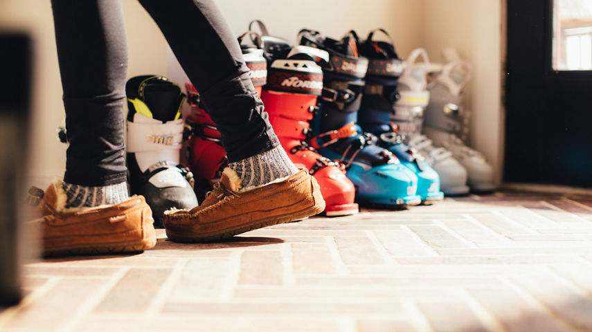 Ski Boots Lined Up at Family Ski Home at Stowe