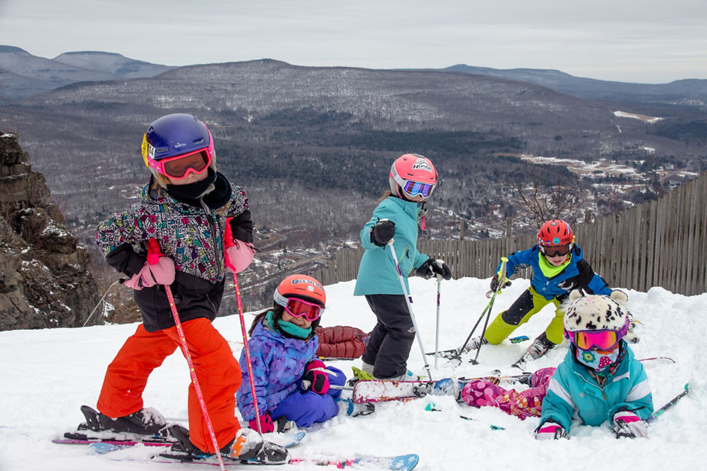 Little Girls Pose on Top of a Ski Run at Hunter Mountain