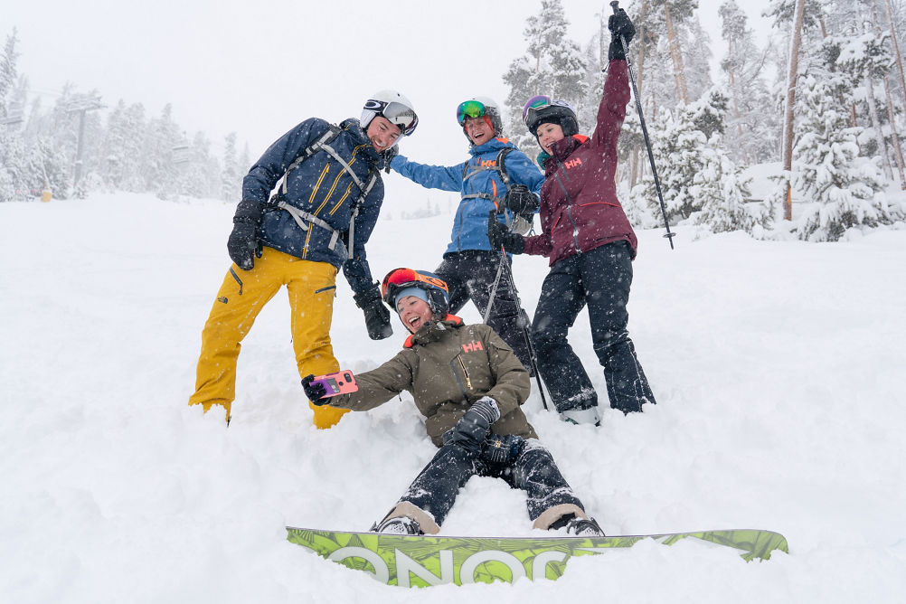 Friends enjoy a powder day on advanced terrain in Keystone, CO.