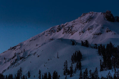 Family skiing at twilight in Kirkwood, CA.